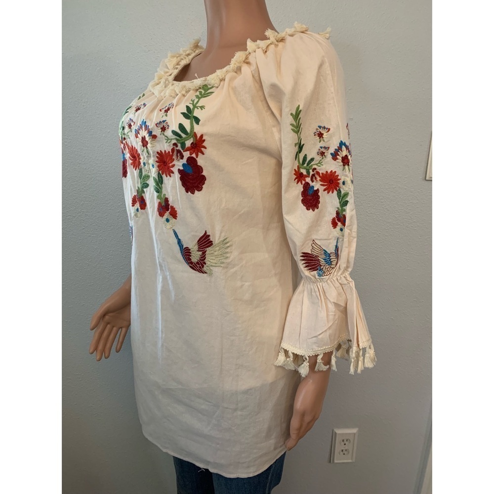 Tan Embroidered Floral, Bird Design and Ruffled, Tasseled 3/4 Sleeve Tunic - Picture 10 of 14